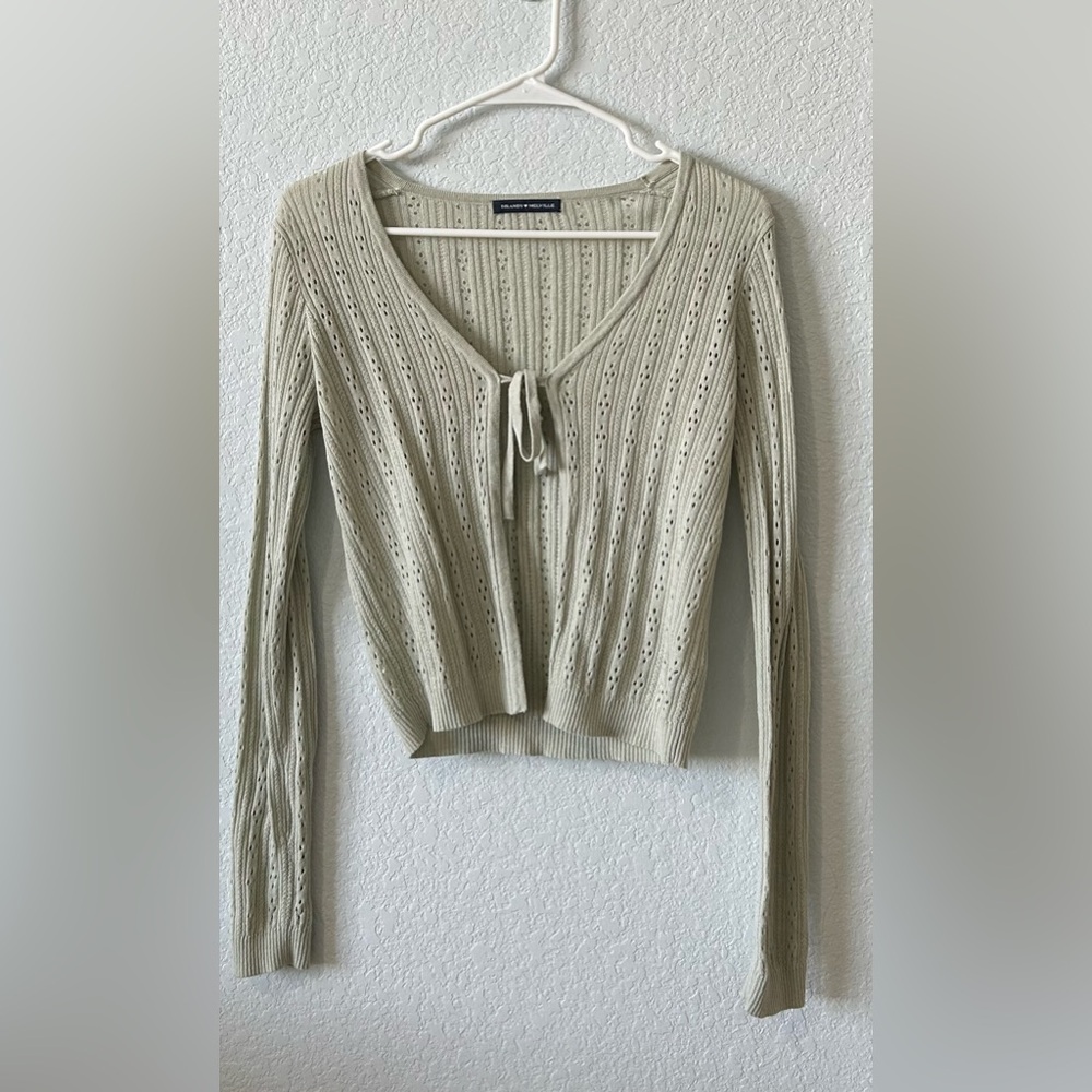 Brandy Melville Sage Green Ribbed Tie Front Cardigan One Size